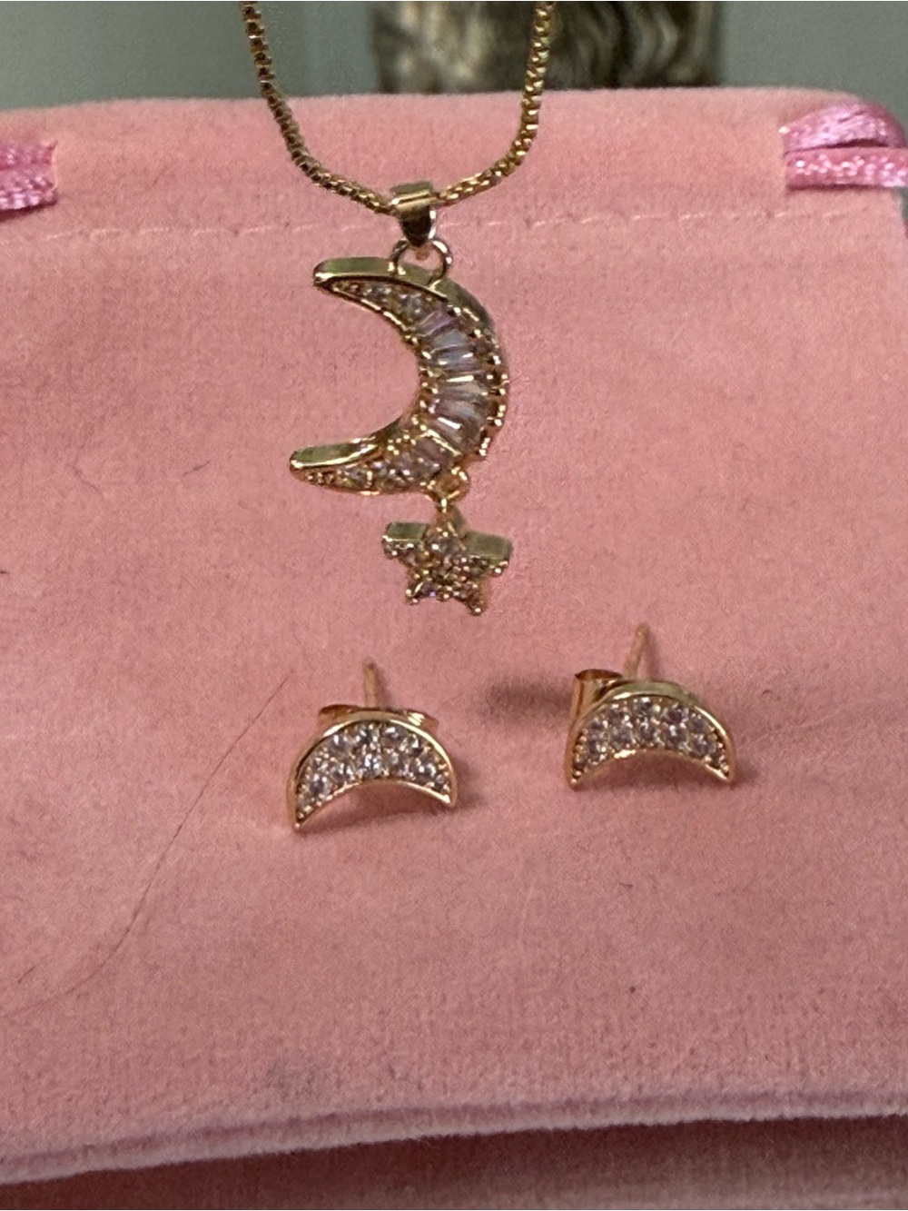 Gold Moon & Star Pendant Necklace with Matching Crescent Stud Earrings